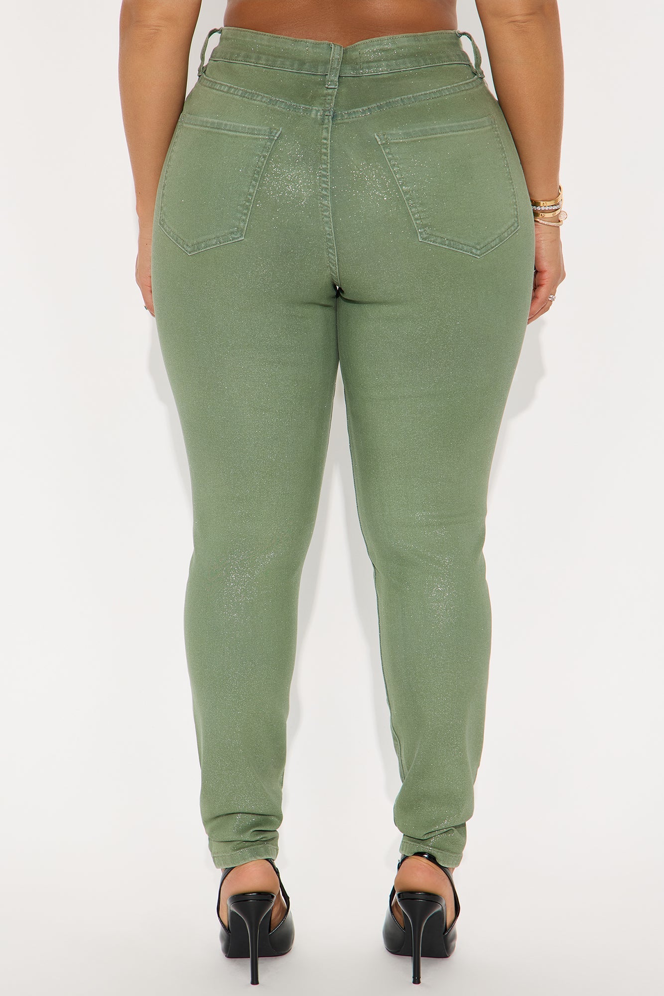 Glorious Glitter Foil Skinny Jean - Olive