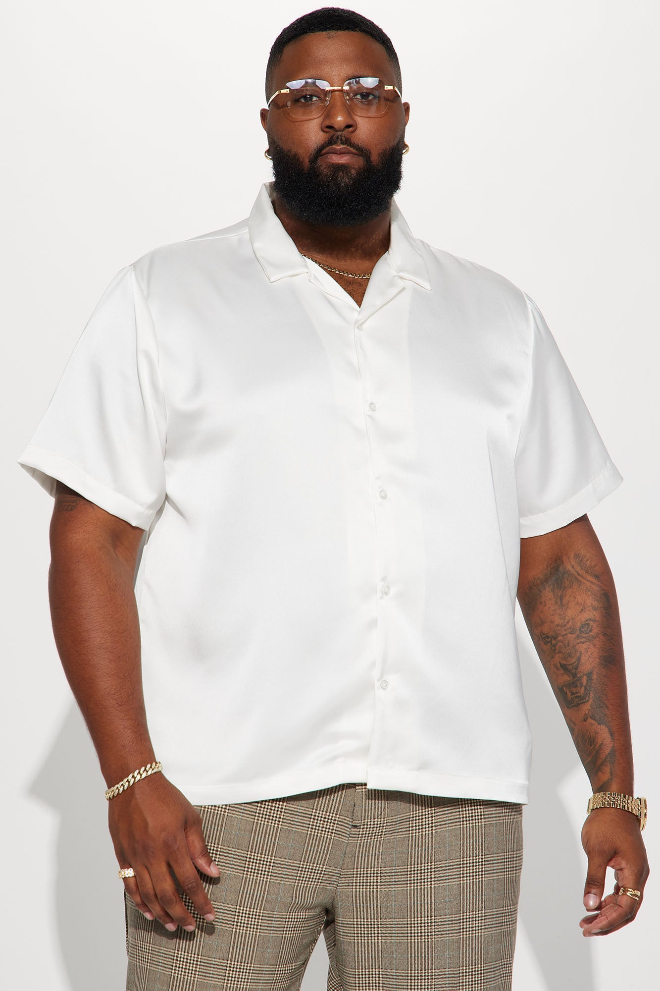 Links Satin Short Sleeve Button Up Shirt - Off White