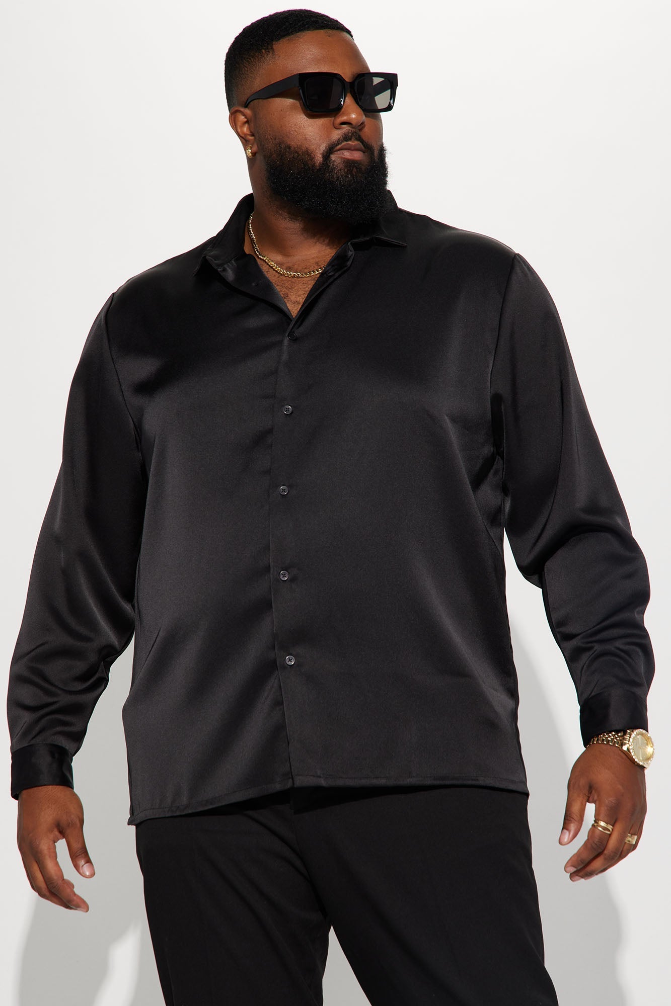 Links Satin Long Sleeve Button Up Shirt - Black