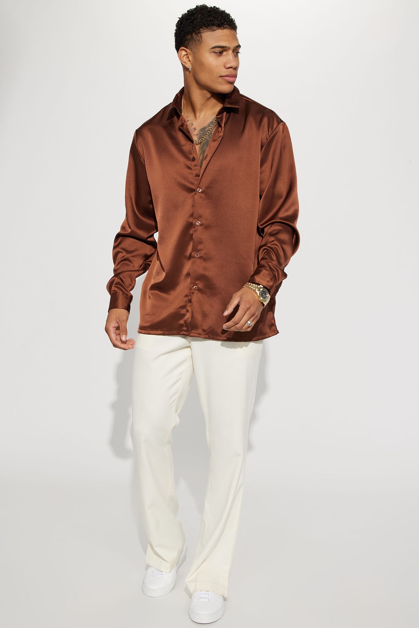 Links Satin Long Sleeve Button Up Shirt - Chocolate
