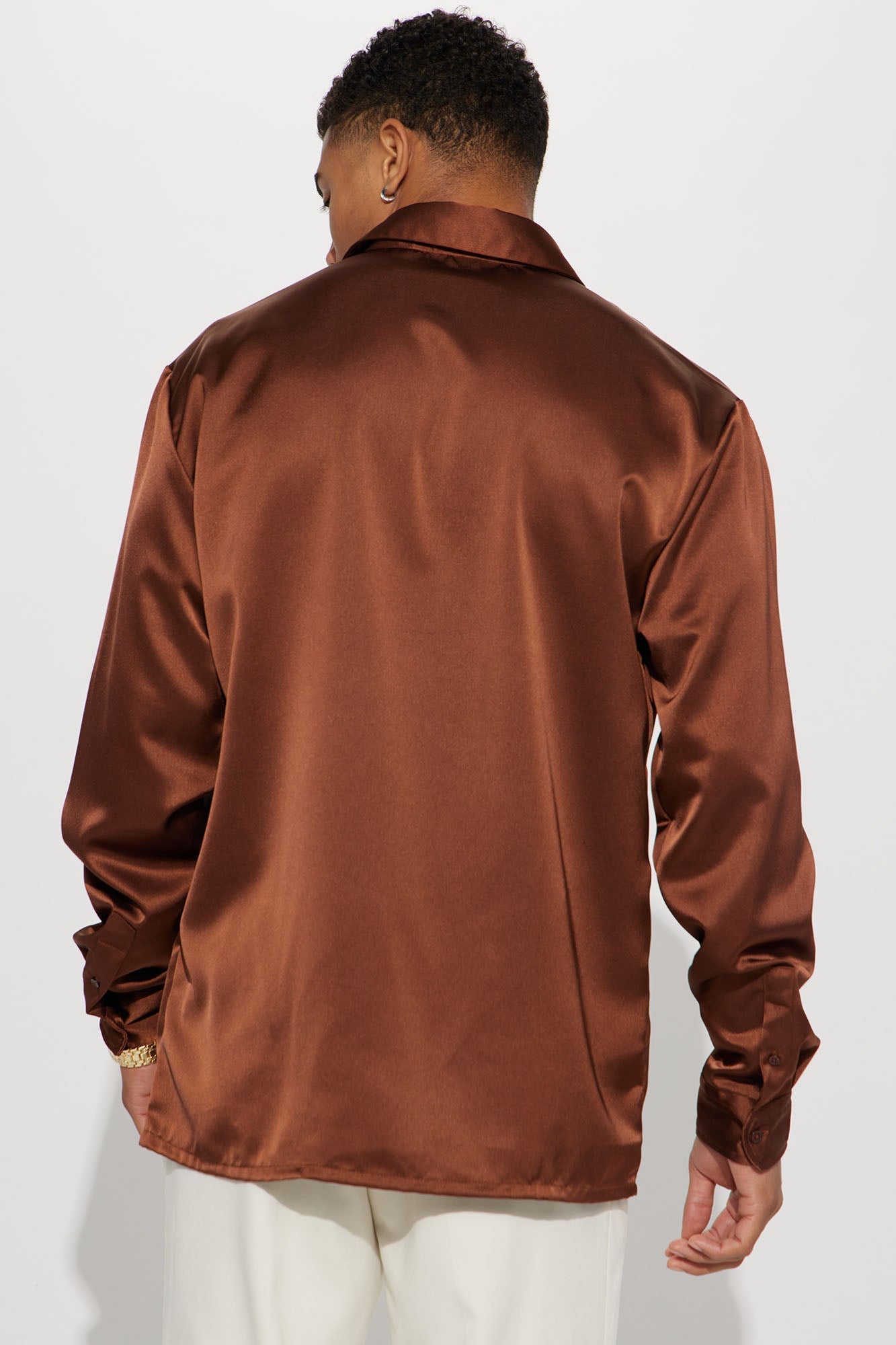 Links Satin Long Sleeve Button Up Shirt - Chocolate