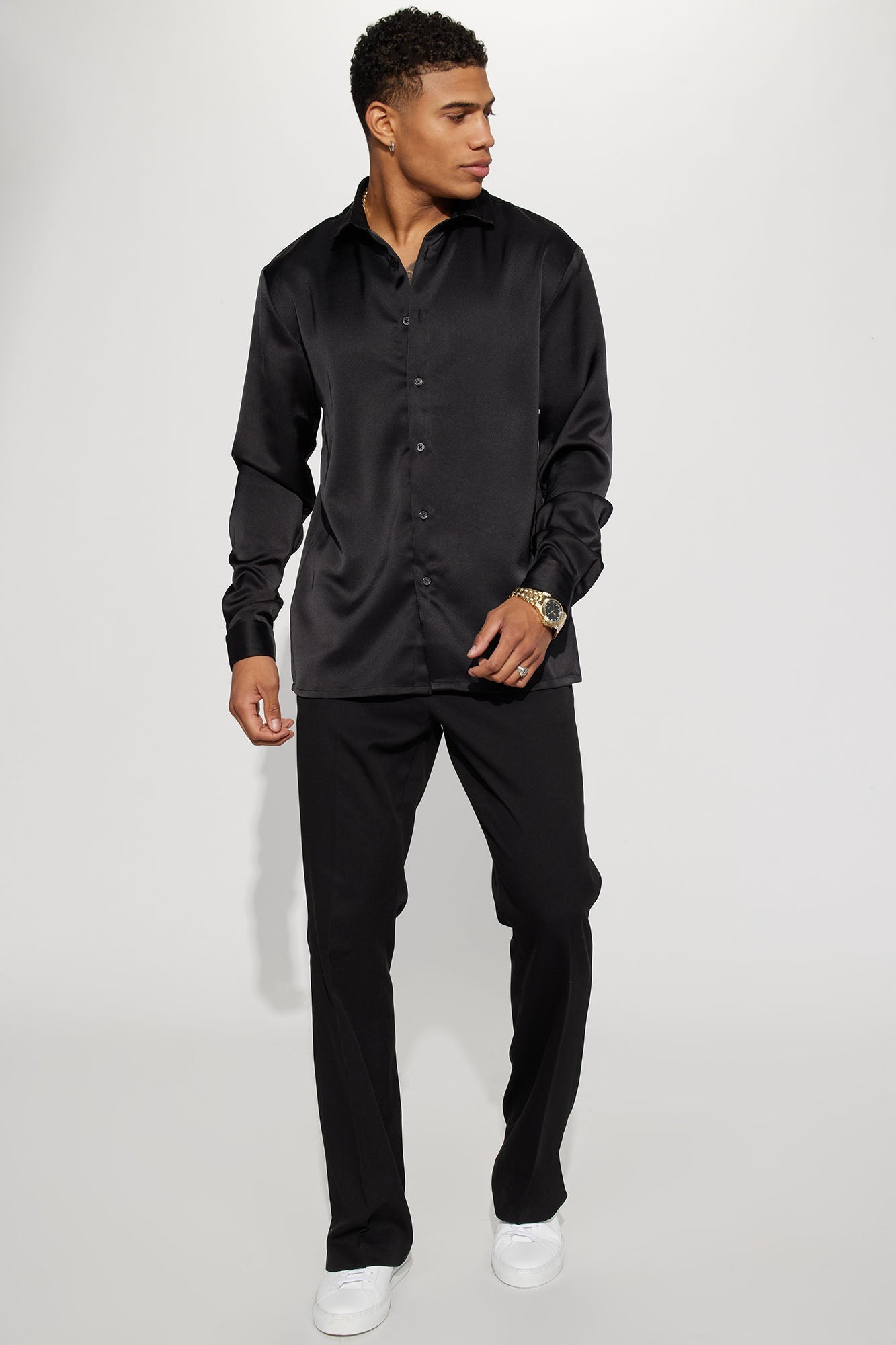Links Satin Long Sleeve Button Up Shirt - Black