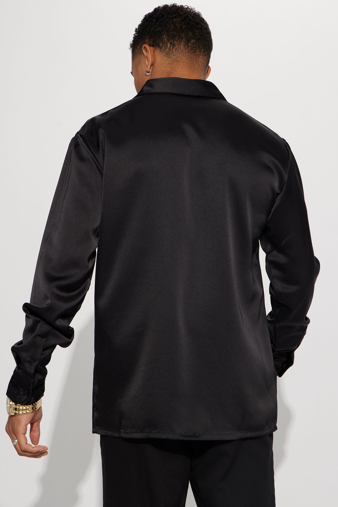 Links Satin Long Sleeve Button Up Shirt - Black