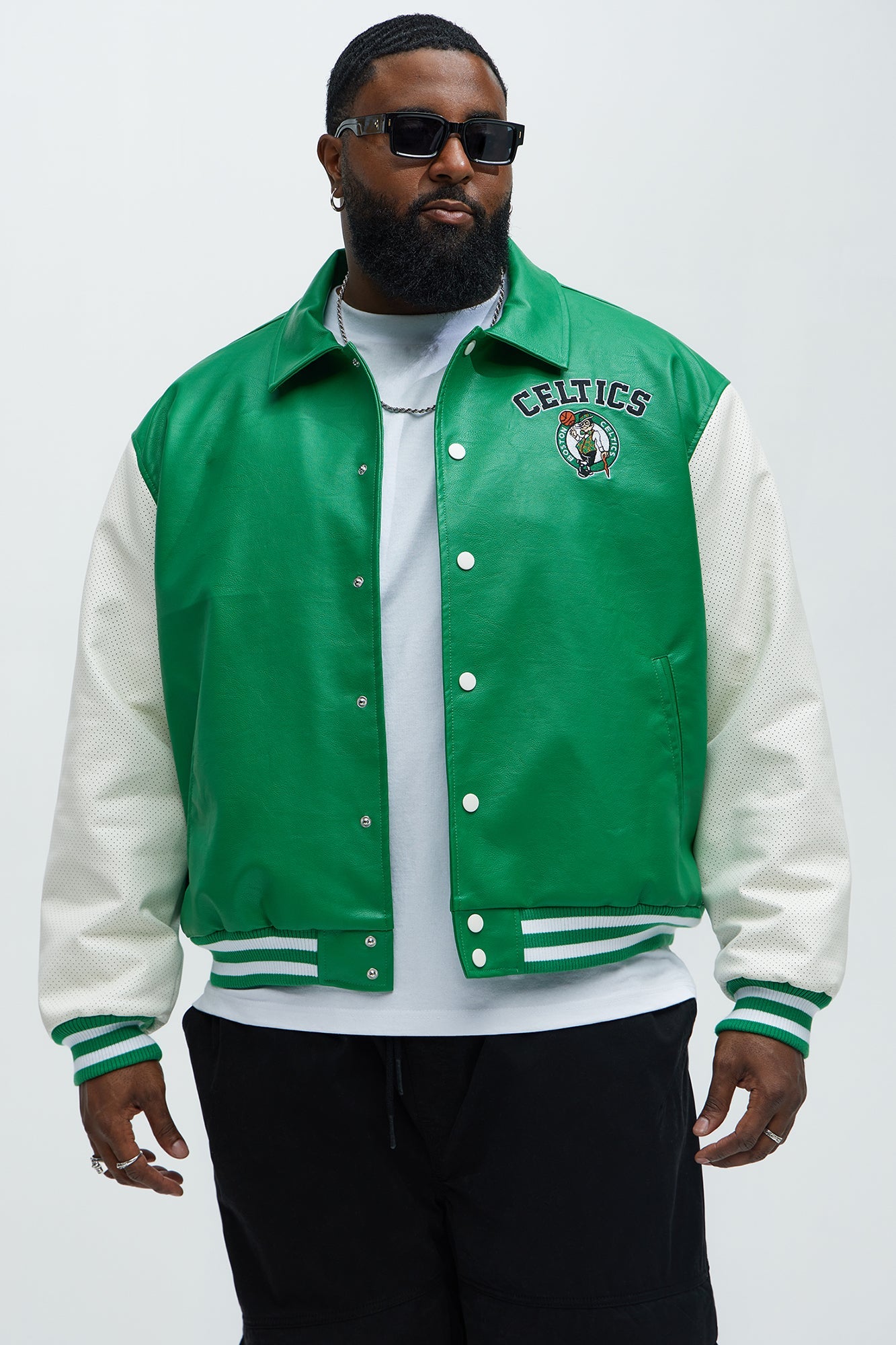 Celtics Top Dawg Faux Leather Collared Varsity Jacket - Kelly Green