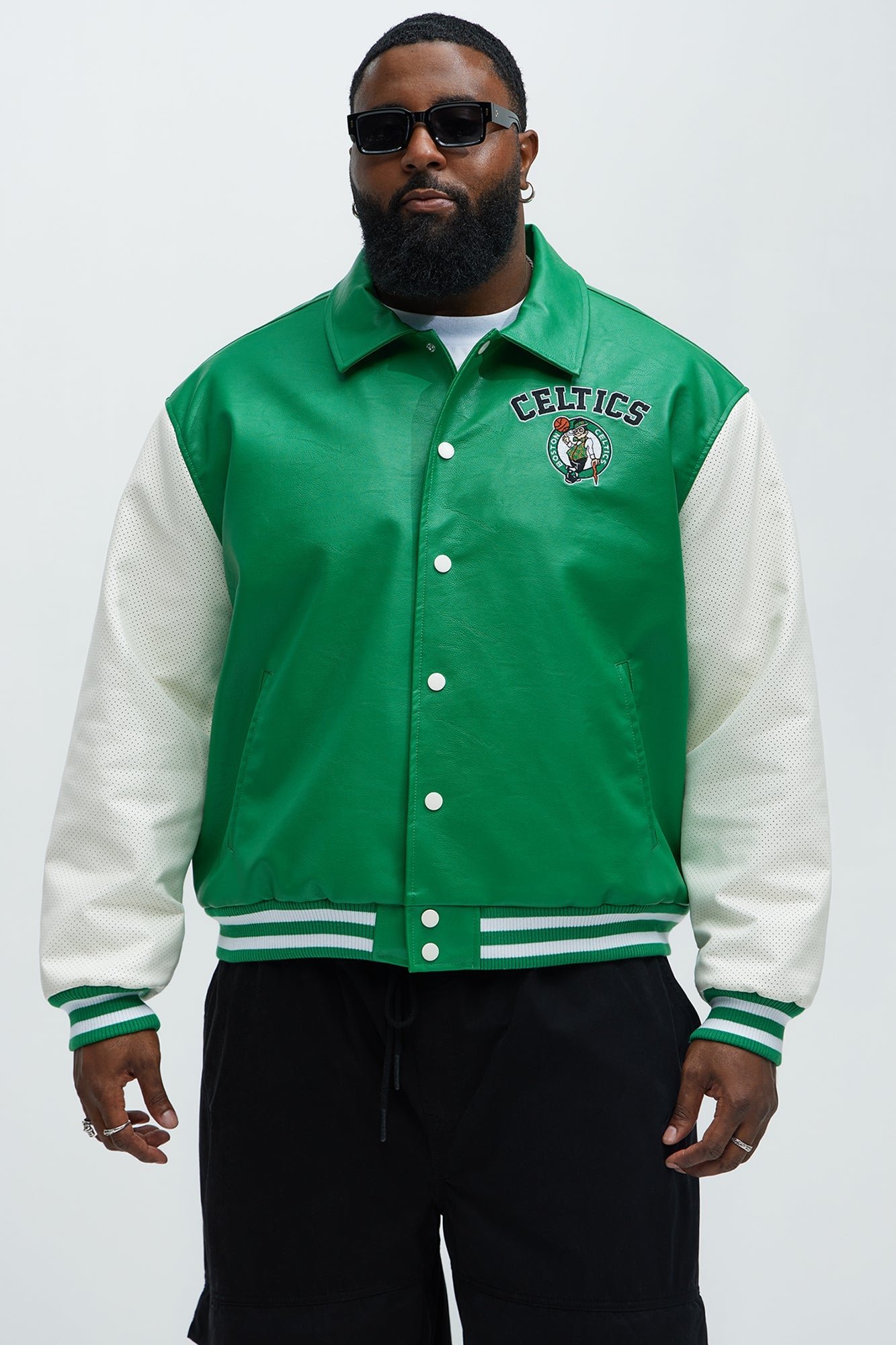 Celtics Top Dawg Faux Leather Collared Varsity Jacket - Kelly Green