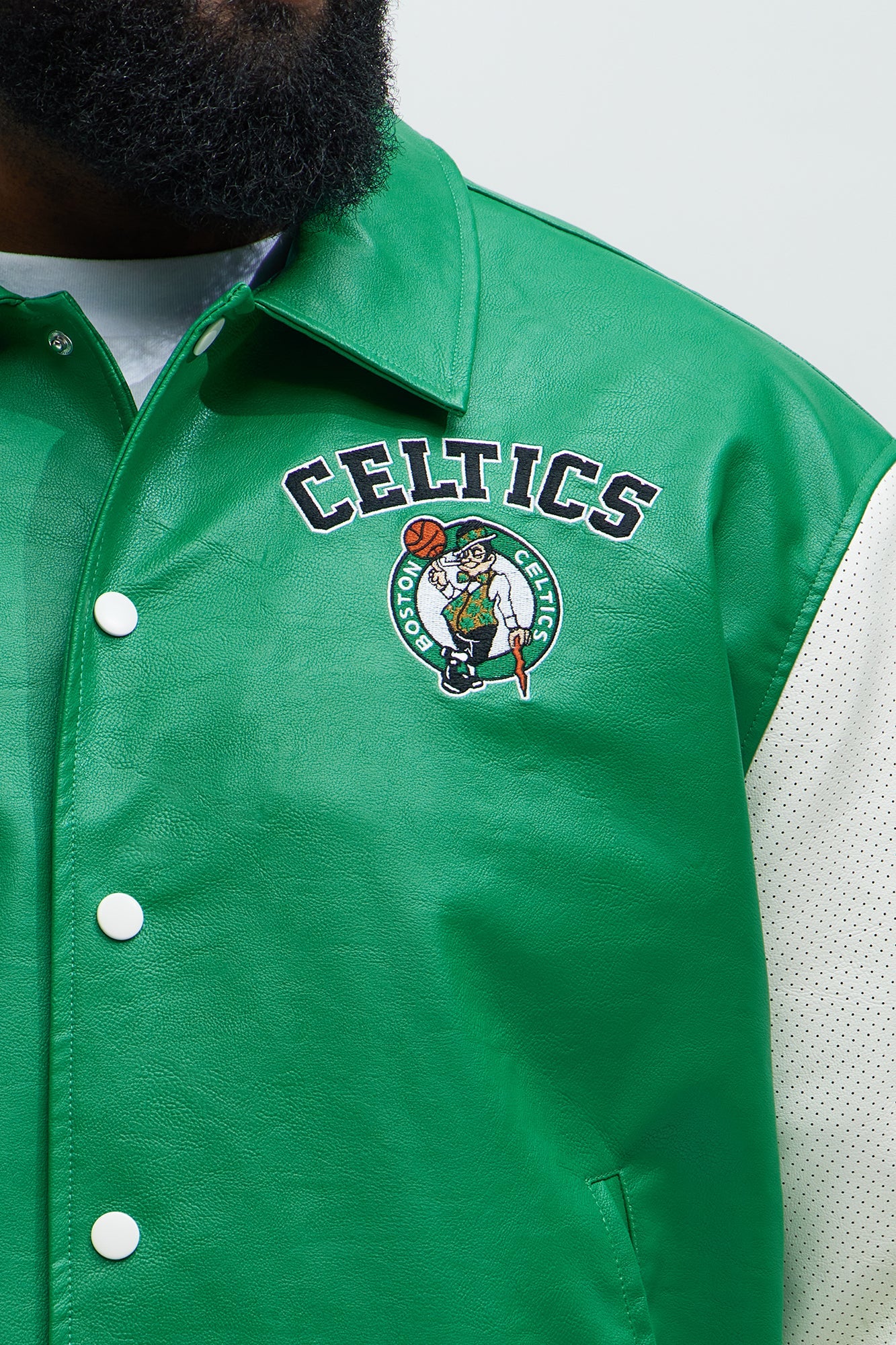 Celtics Top Dawg Faux Leather Collared Varsity Jacket - Kelly Green