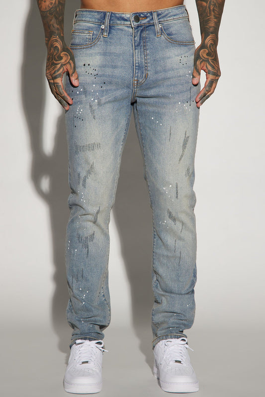 Ripped And Bleach Splatter Slim Jeans - Light Blue Wash