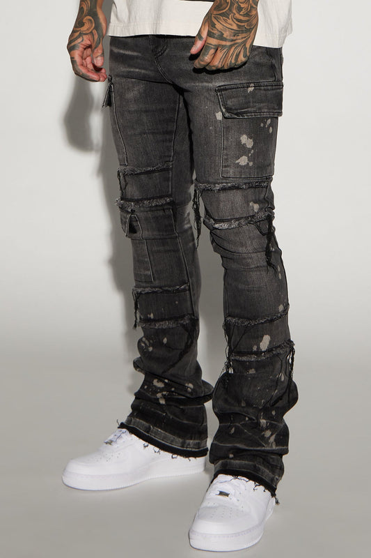 Side Snap Cargo Stacked Skinny Flare Jeans - Black Wash