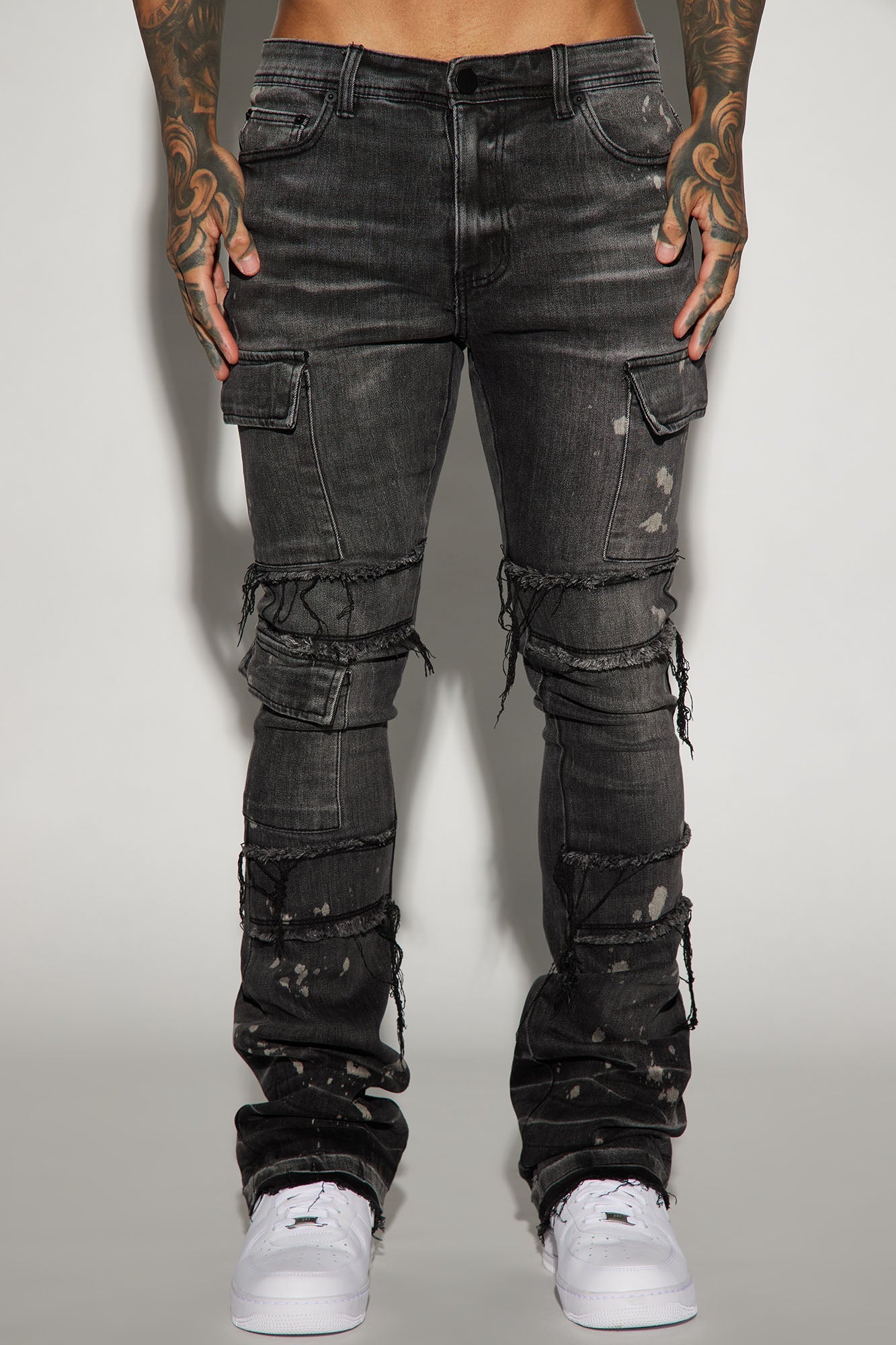 Side Snap Cargo Stacked Skinny Flare Jeans - Black Wash