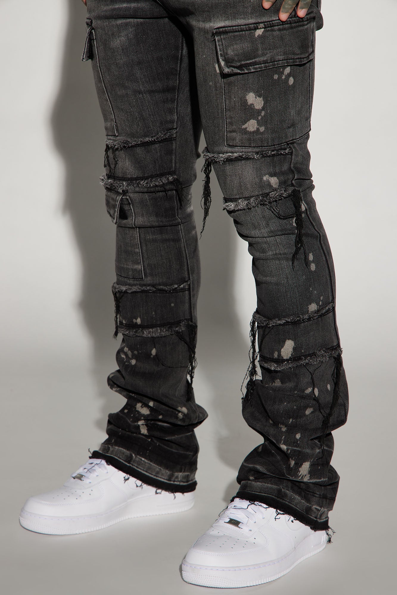Side Snap Cargo Stacked Skinny Flare Jeans - Black Wash
