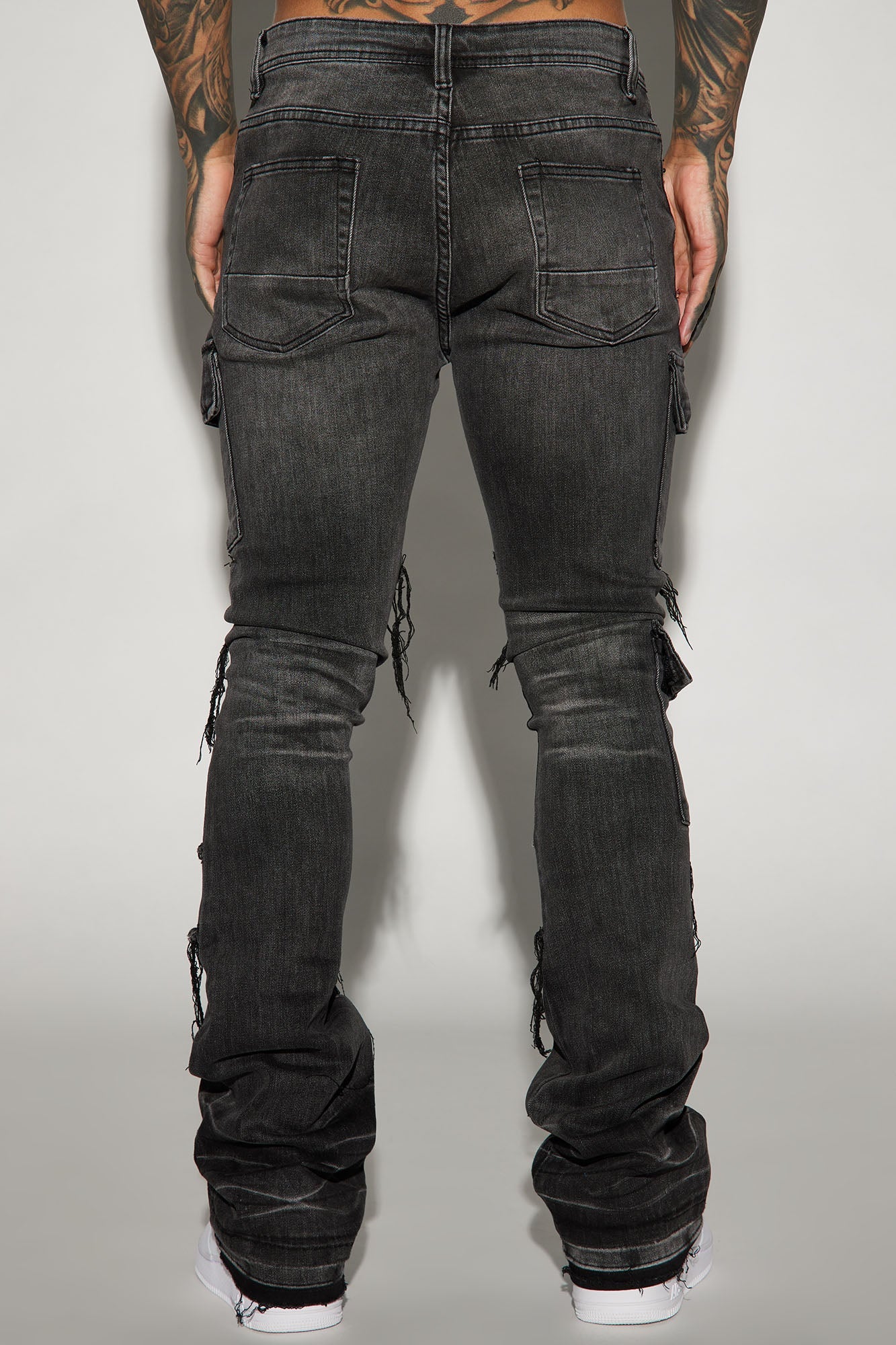 Side Snap Cargo Stacked Skinny Flare Jeans - Black Wash