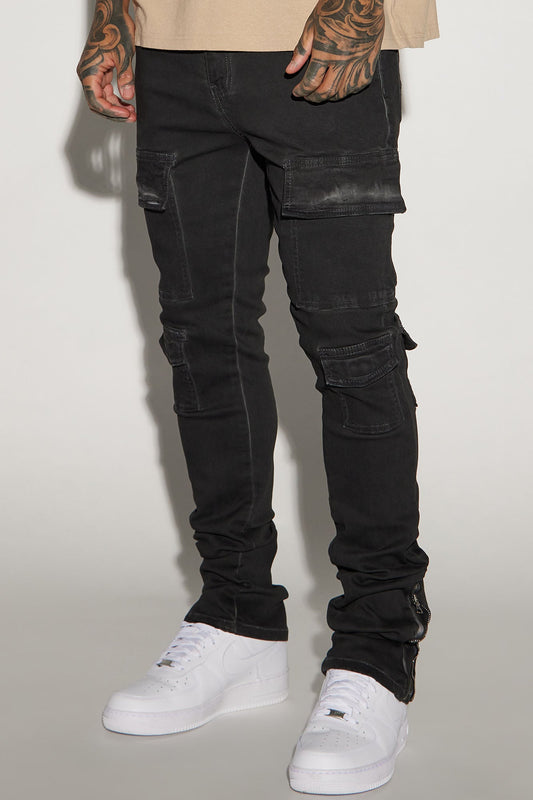 Triple Cargo Stacked Skinny Flare Jeans - Black Wash