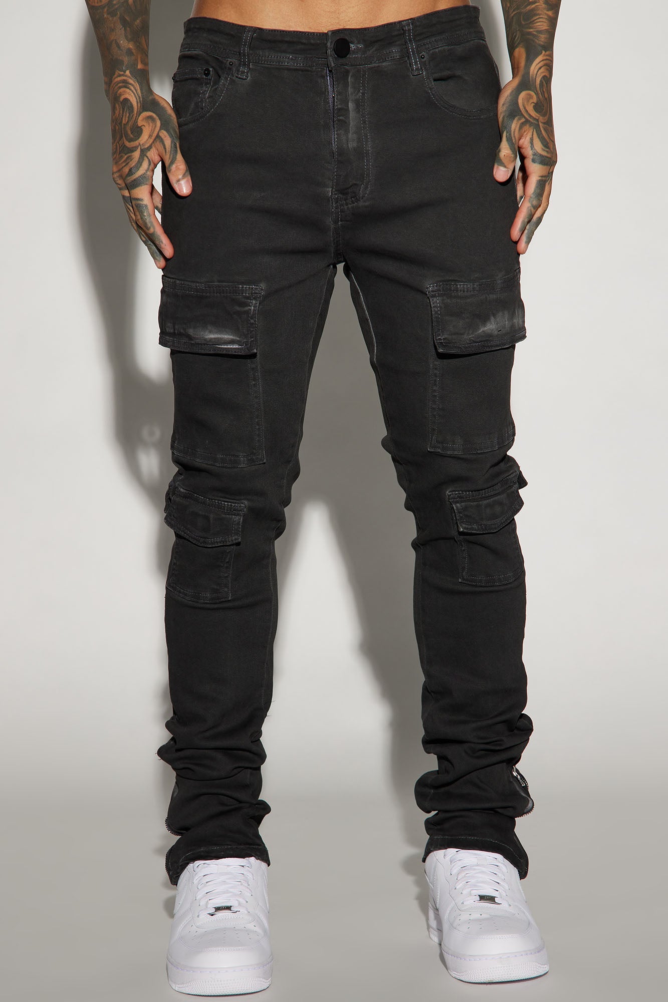 Triple Cargo Stacked Skinny Flare Jeans - Black Wash