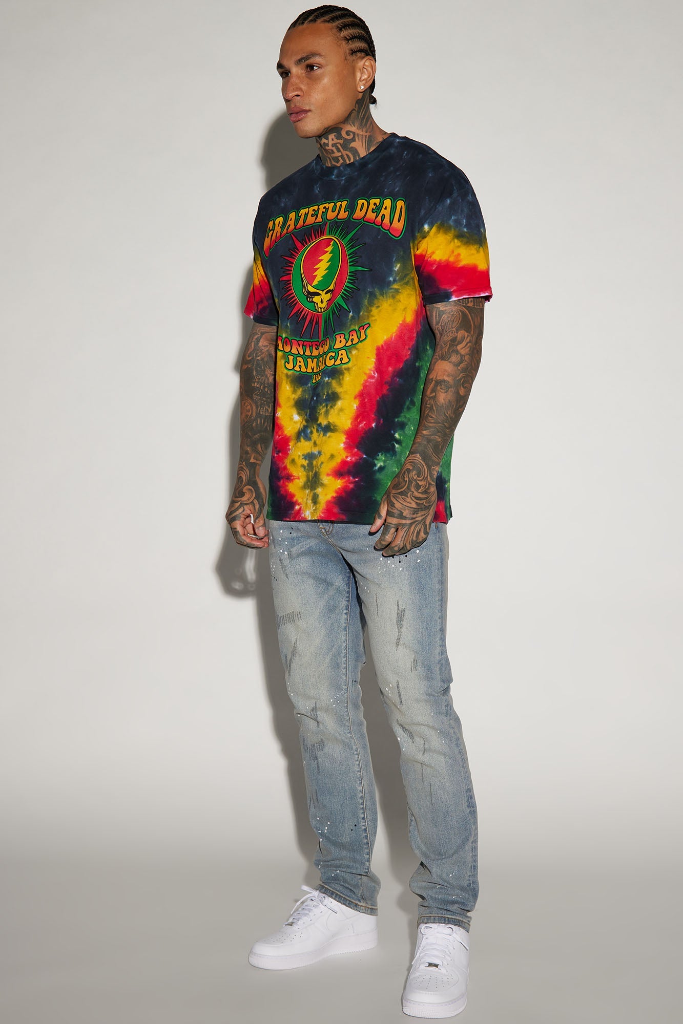 Ripped And Bleach Splatter Slim Jeans - Light Blue Wash