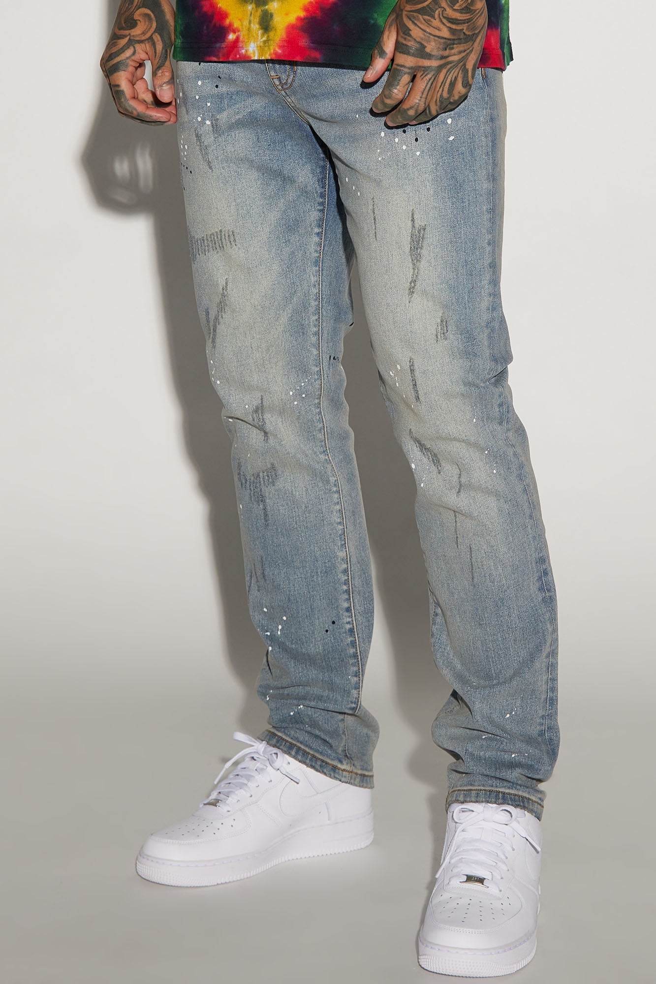 Ripped And Bleach Splatter Slim Jeans - Light Blue Wash