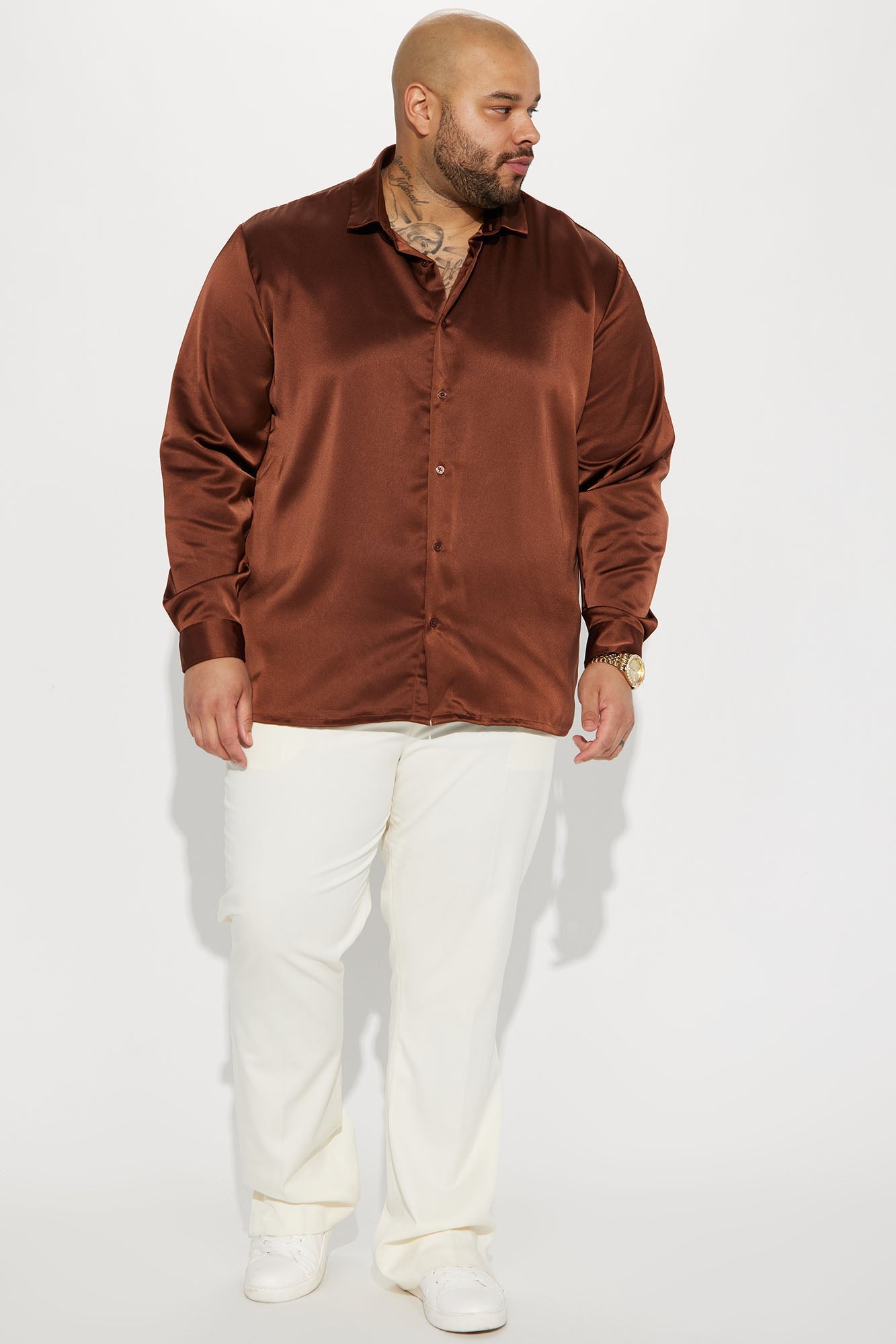 Links Satin Long Sleeve Button Up Shirt - Chocolate