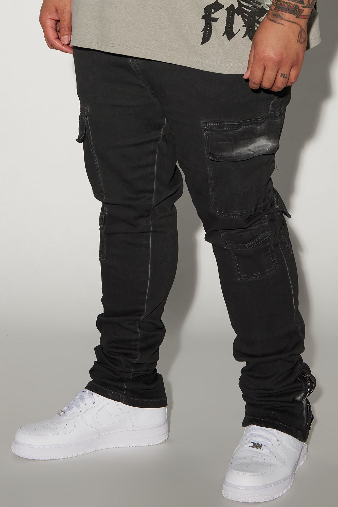 Triple Cargo Stacked Skinny Flare Jeans - Black Wash