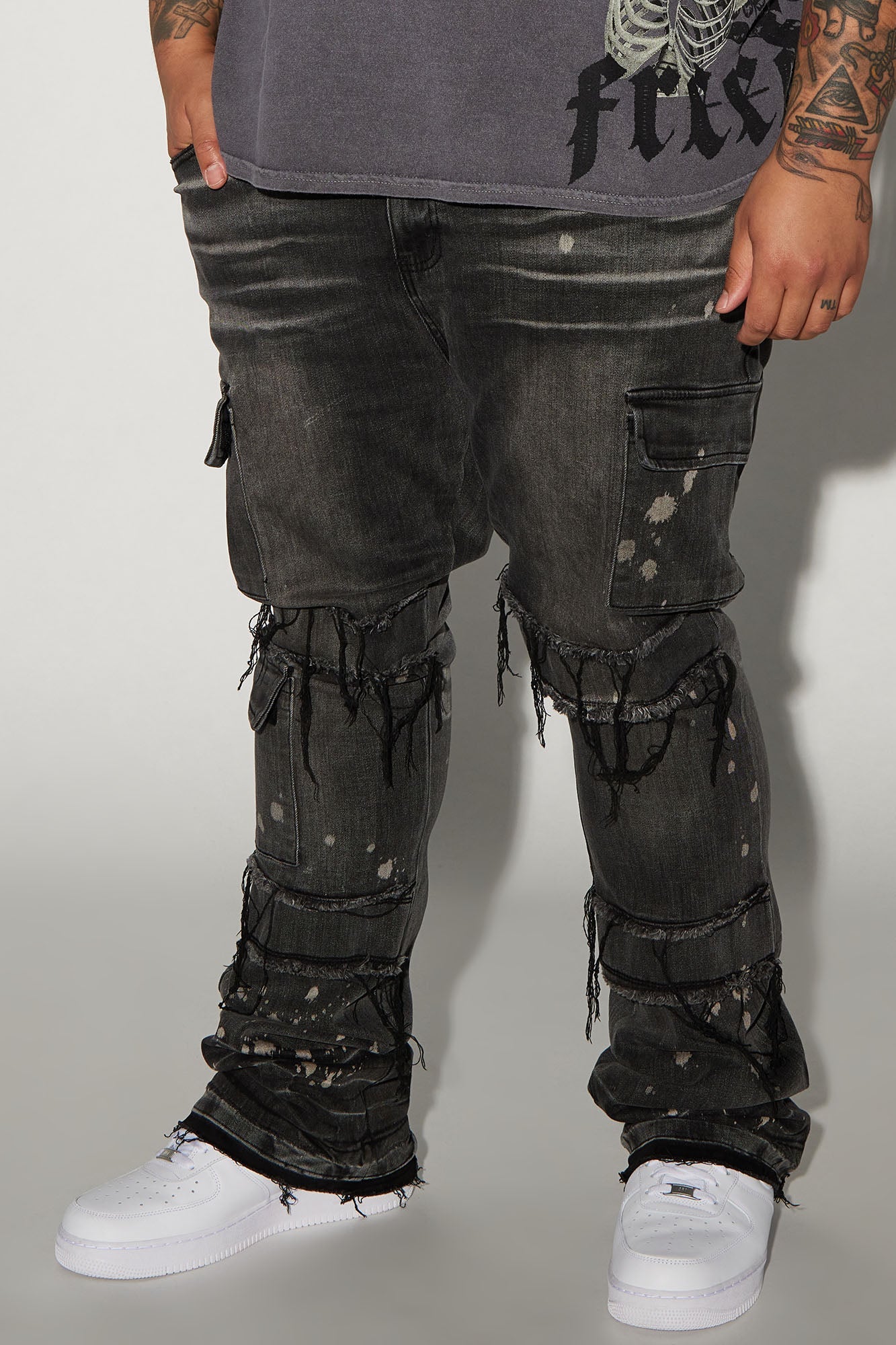 Side Snap Cargo Stacked Skinny Flare Jeans - Black Wash