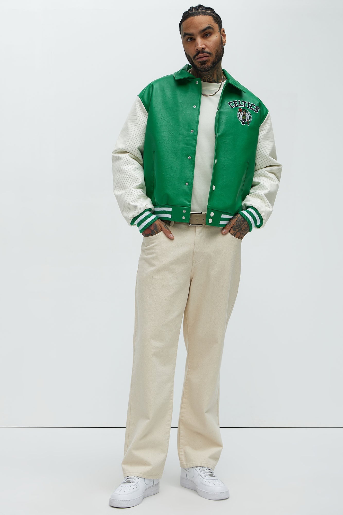 Celtics Top Dawg Faux Leather Collared Varsity Jacket - Kelly Green
