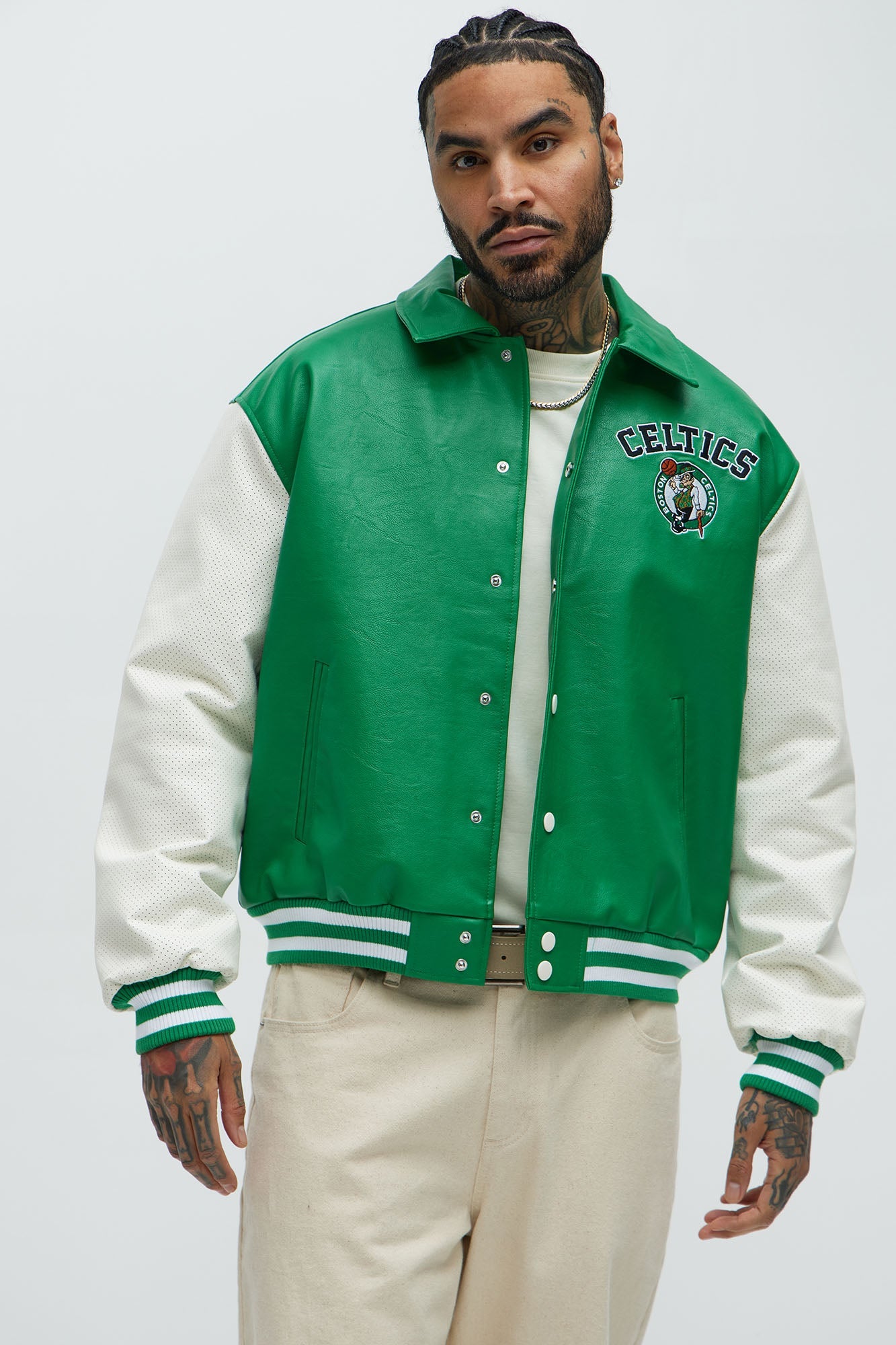 Celtics Top Dawg Faux Leather Collared Varsity Jacket - Kelly Green