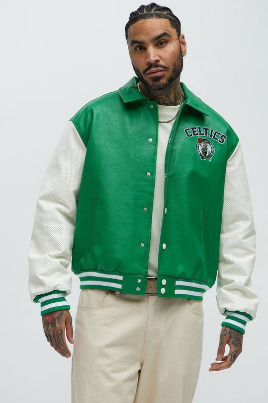 Celtics Top Dawg Faux Leather Collared Varsity Jacket - Kelly Green