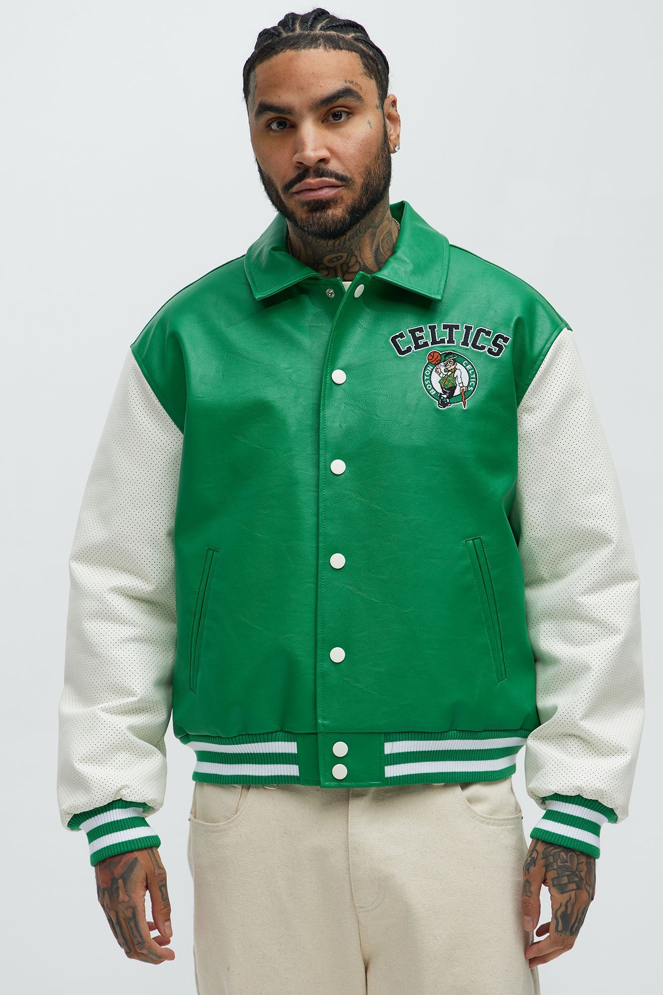Celtics Top Dawg Faux Leather Collared Varsity Jacket - Kelly Green