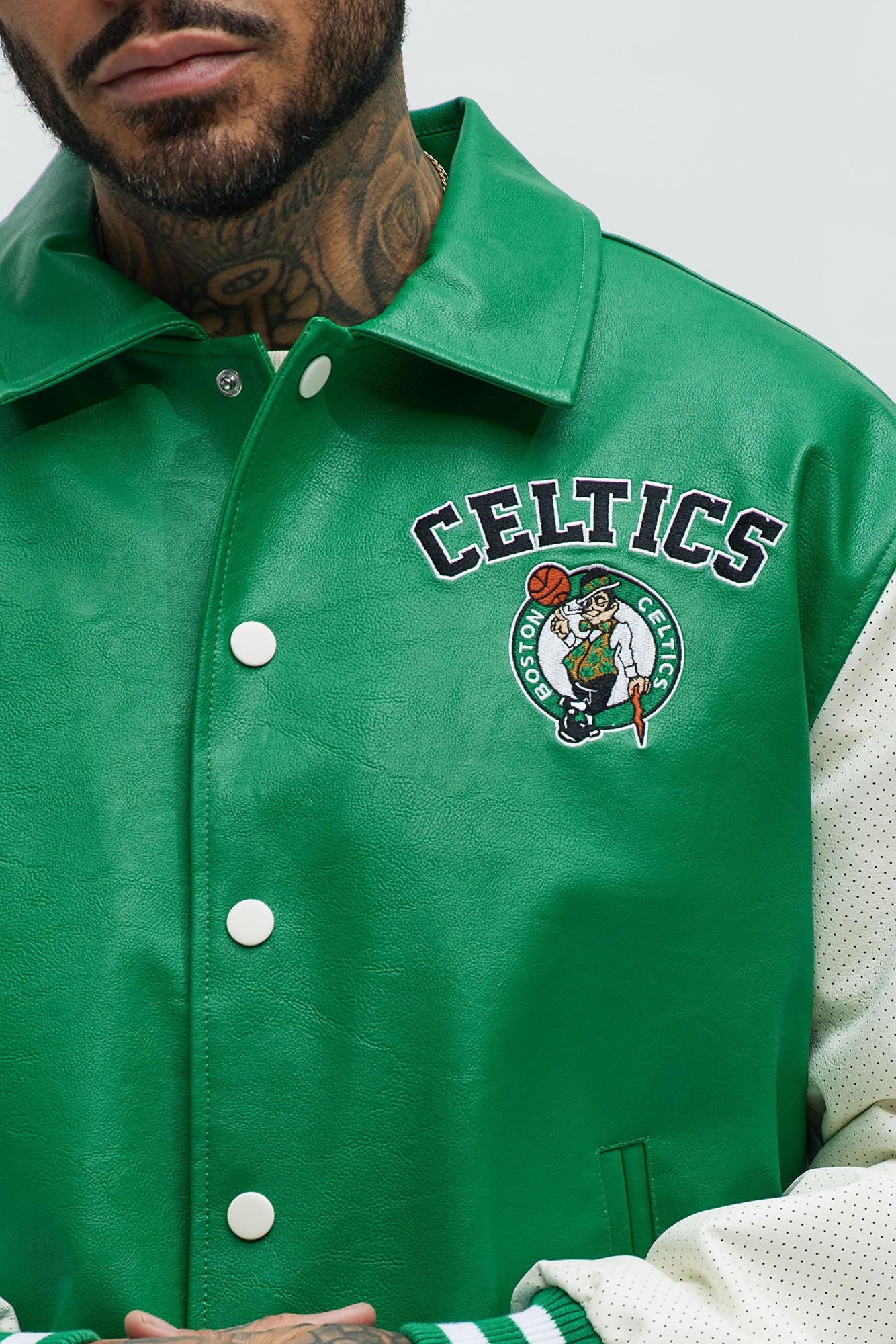 Celtics Top Dawg Faux Leather Collared Varsity Jacket - Kelly Green