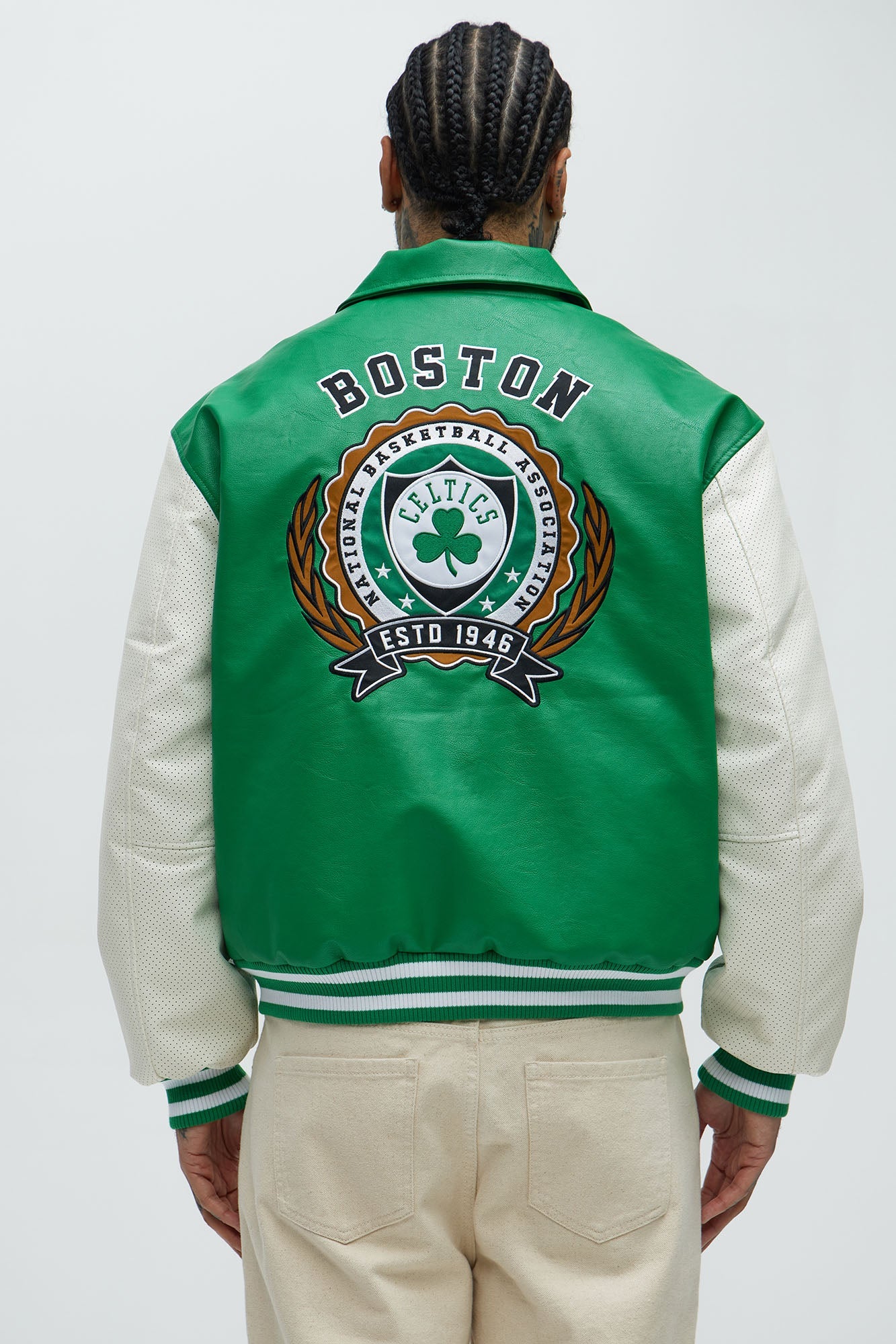 Celtics Top Dawg Faux Leather Collared Varsity Jacket - Kelly Green