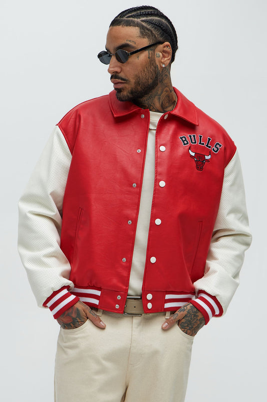 Bull Top Dawg Faux Leather Collared Varsity Jacket - Red