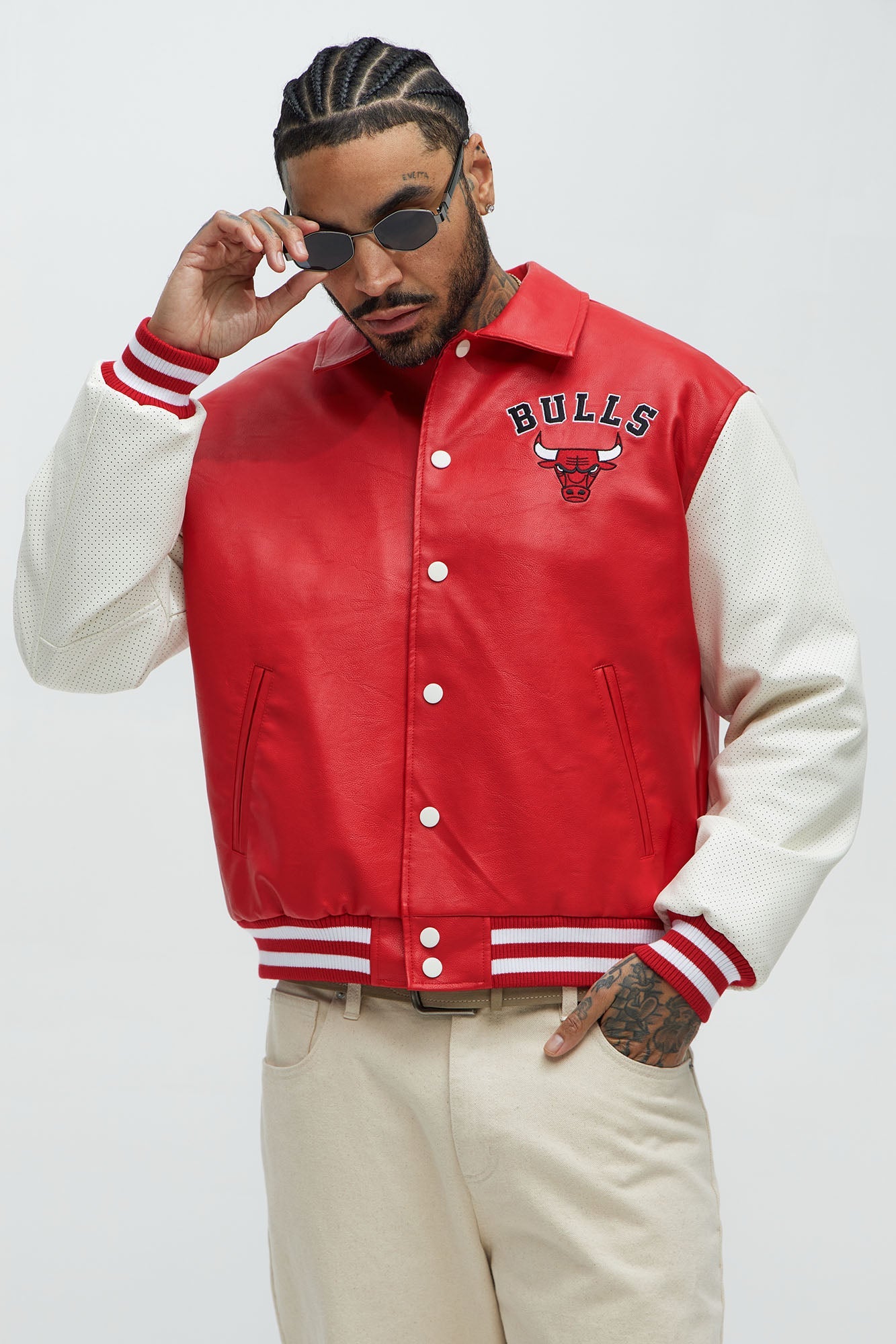 Bull Top Dawg Faux Leather Collared Varsity Jacket - Red