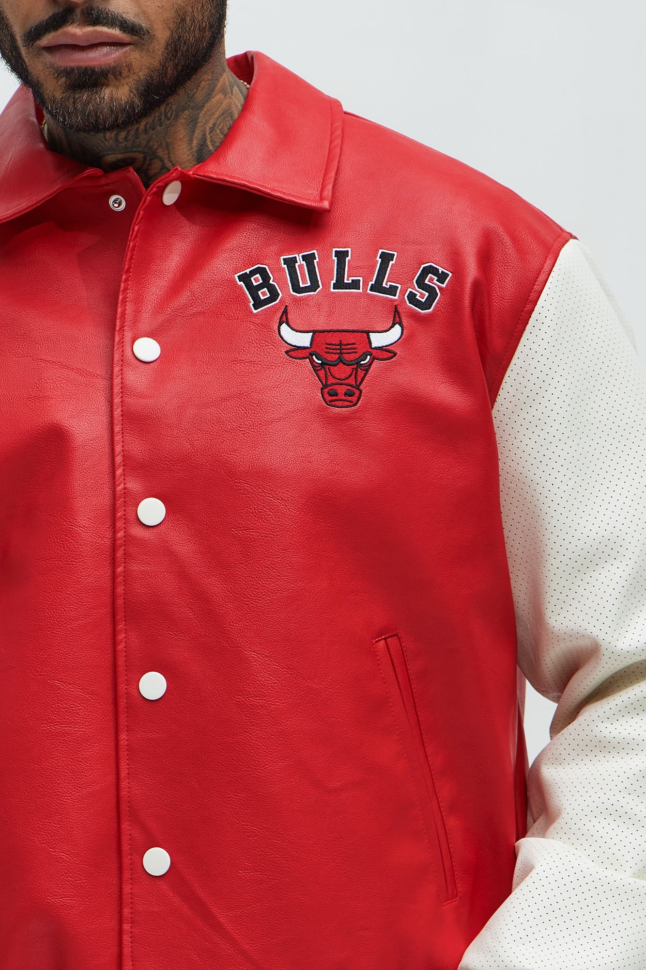 Bull Top Dawg Faux Leather Collared Varsity Jacket - Red