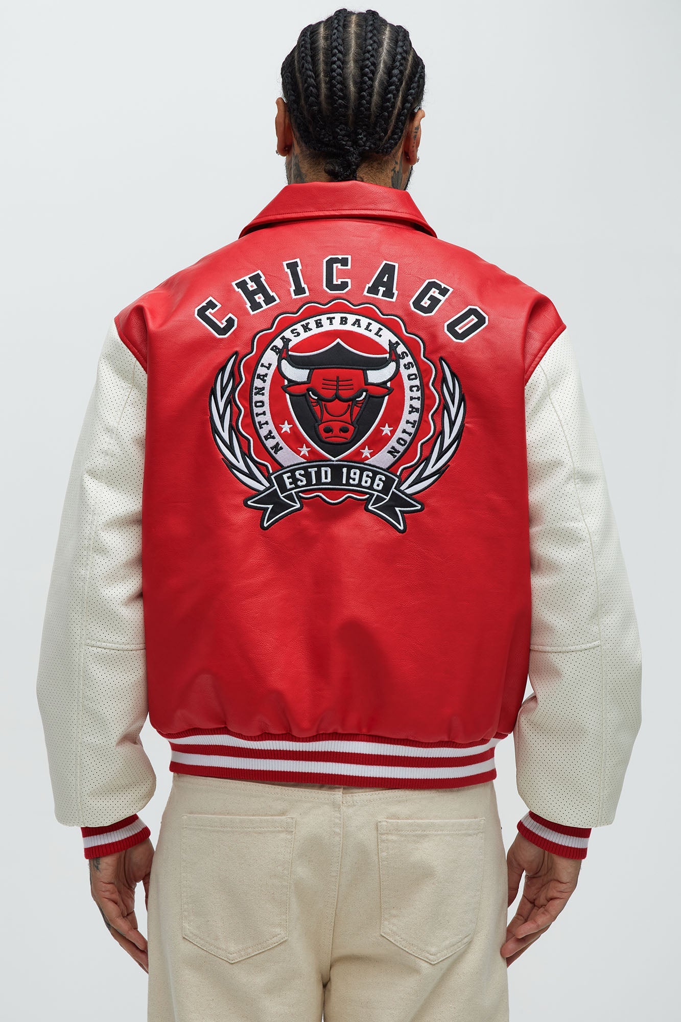 Bull Top Dawg Faux Leather Collared Varsity Jacket - Red