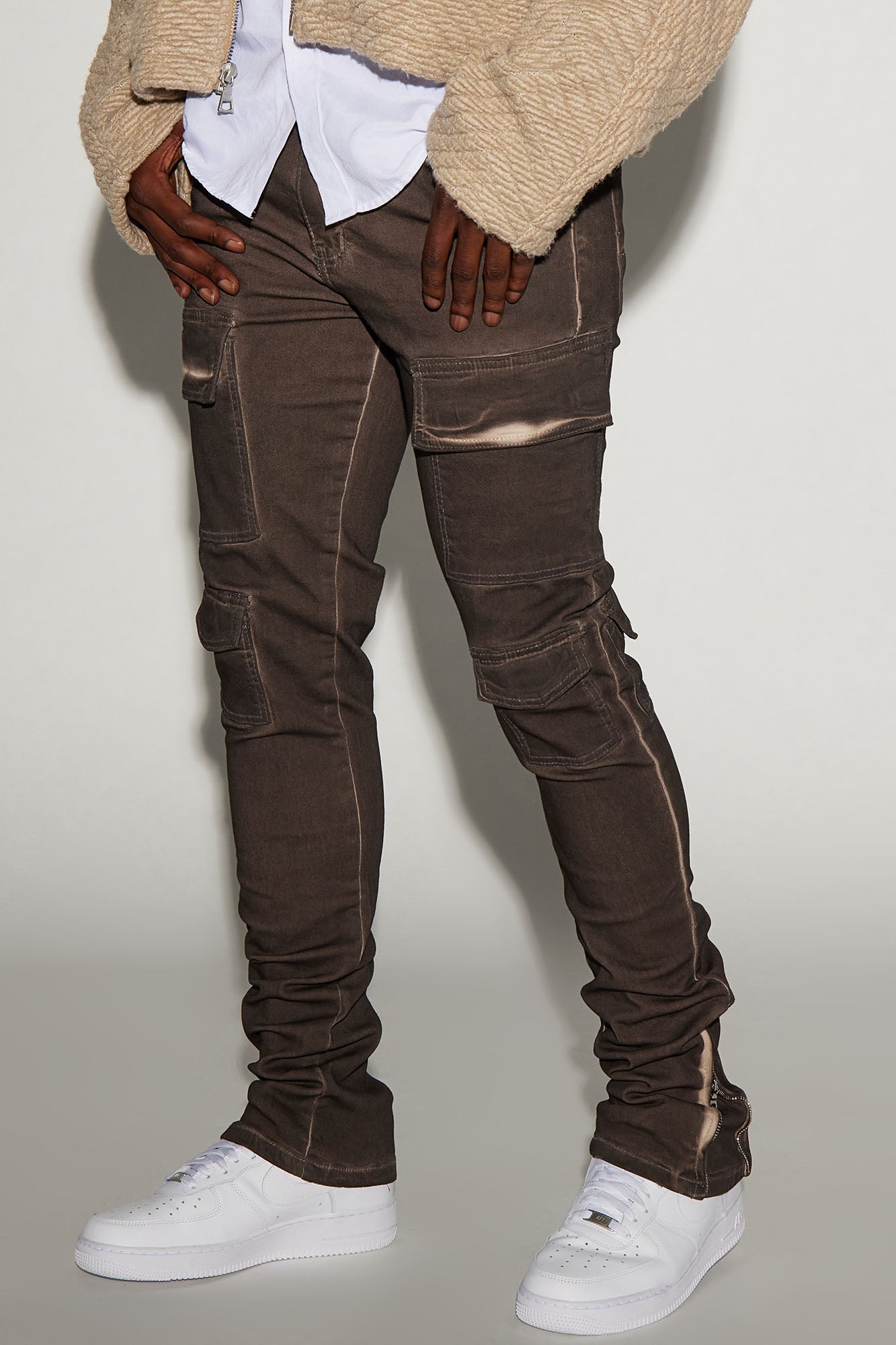 Triple Cargo Stacked Skinny Flare Jeans - Chocolate