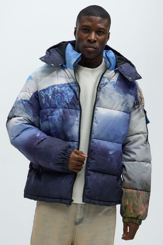 Big Sky Hooded Puffer Jacket - Blue/combo